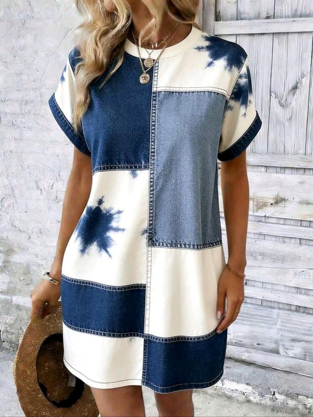 Patchwork Tie-Dye Panel Tshirt Dress in Navy & Cream